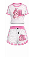Pink Bunny Varsity Crop Tee &amp; Drawstring Shorts Set