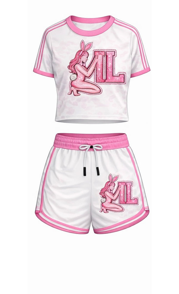 Pink Bunny Varsity Crop Tee &amp; Drawstring Shorts Set
